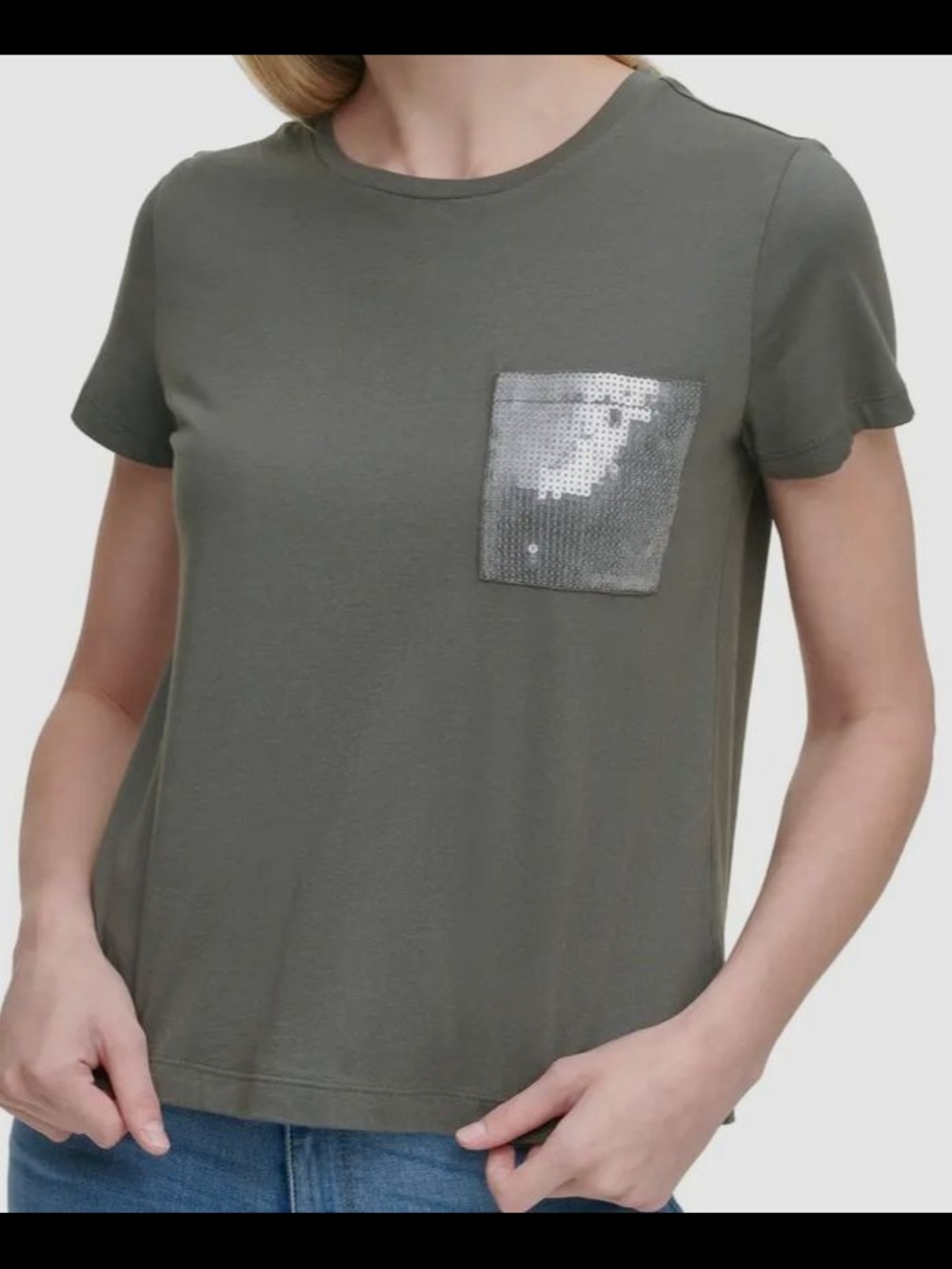 DKNY Sequin Pocket Tee XS NWOT Dopamine Shimmer Casual Luxe Y2K Statement